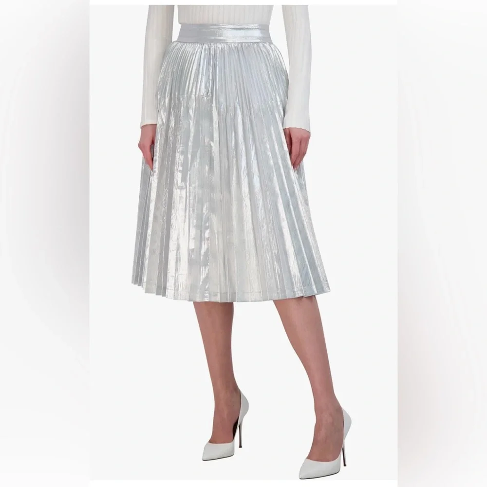 BCBGMAXAZRIA Silver Metallic Lame Pleated a Line Midi Skirt NWT